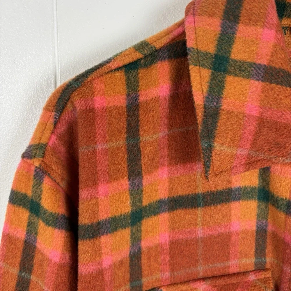 Wild Fable Women Sz M Flannel Shacket Plaid Orange Pink Shirt Jacket Wool‎ Blend